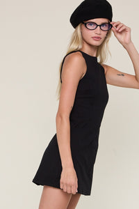 Boat Neck Inside Shorts Micro Mini Dress in Black