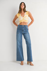Annabelle Patch Pocket Wide Leg Jeans in Medium Denim