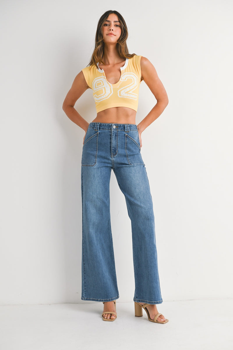 Annabelle Patch Pocket Wide Leg Jeans in Medium Denim