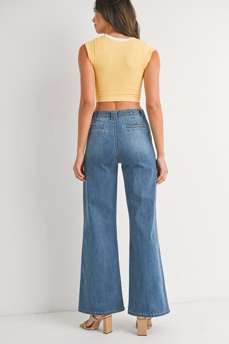 Annabelle Patch Pocket Wide Leg Jeans in Medium Denim