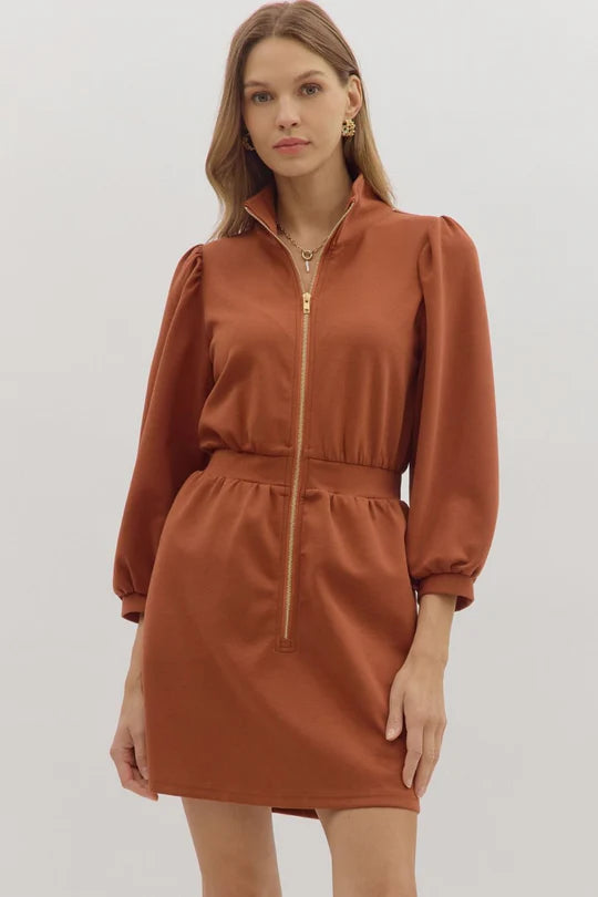 The City Zip Front Jersey Dress in Rust
