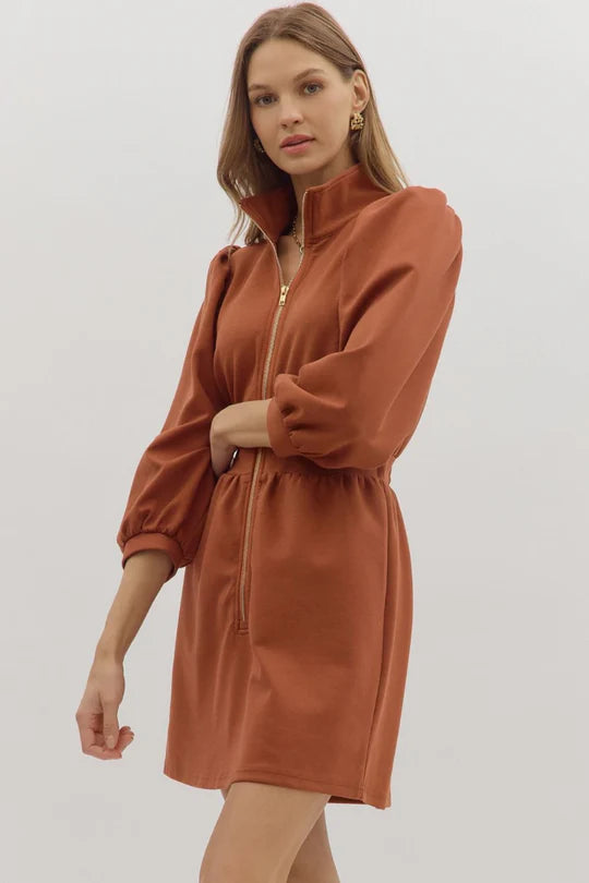 The City Zip Front Jersey Dress in Rust