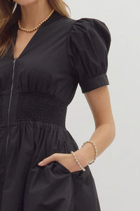 Puff Sleeve Mini Dress With Zip Front
