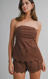 Palazzo Cut Out Embroidered Tube Top & Shorts Set in Chocolate