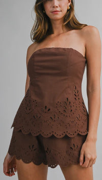 Palazzo Cut Out Embroidered Tube Top & Shorts Set in Chocolate