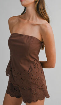 Palazzo Cut Out Embroidered Tube Top & Shorts Set in Chocolate