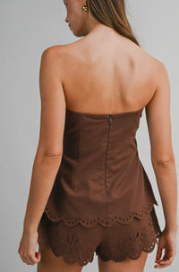 Palazzo Cut Out Embroidered Tube Top & Shorts Set in Chocolate
