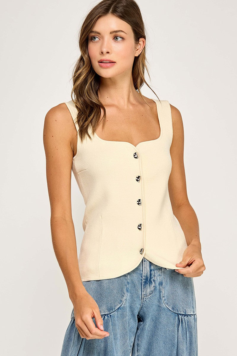 Sweetheart Neckline Button Up Top 
