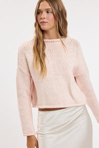 Blush Chunky Knit Rolled Boat Neck Sweater in Pink — front view on model
