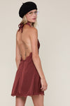 Halter Tie Open Back Scallop Silky Mini Dress Chocolate