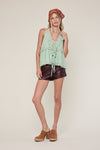 Mesh Solid Color Double Ties Ruffle Top in Sage