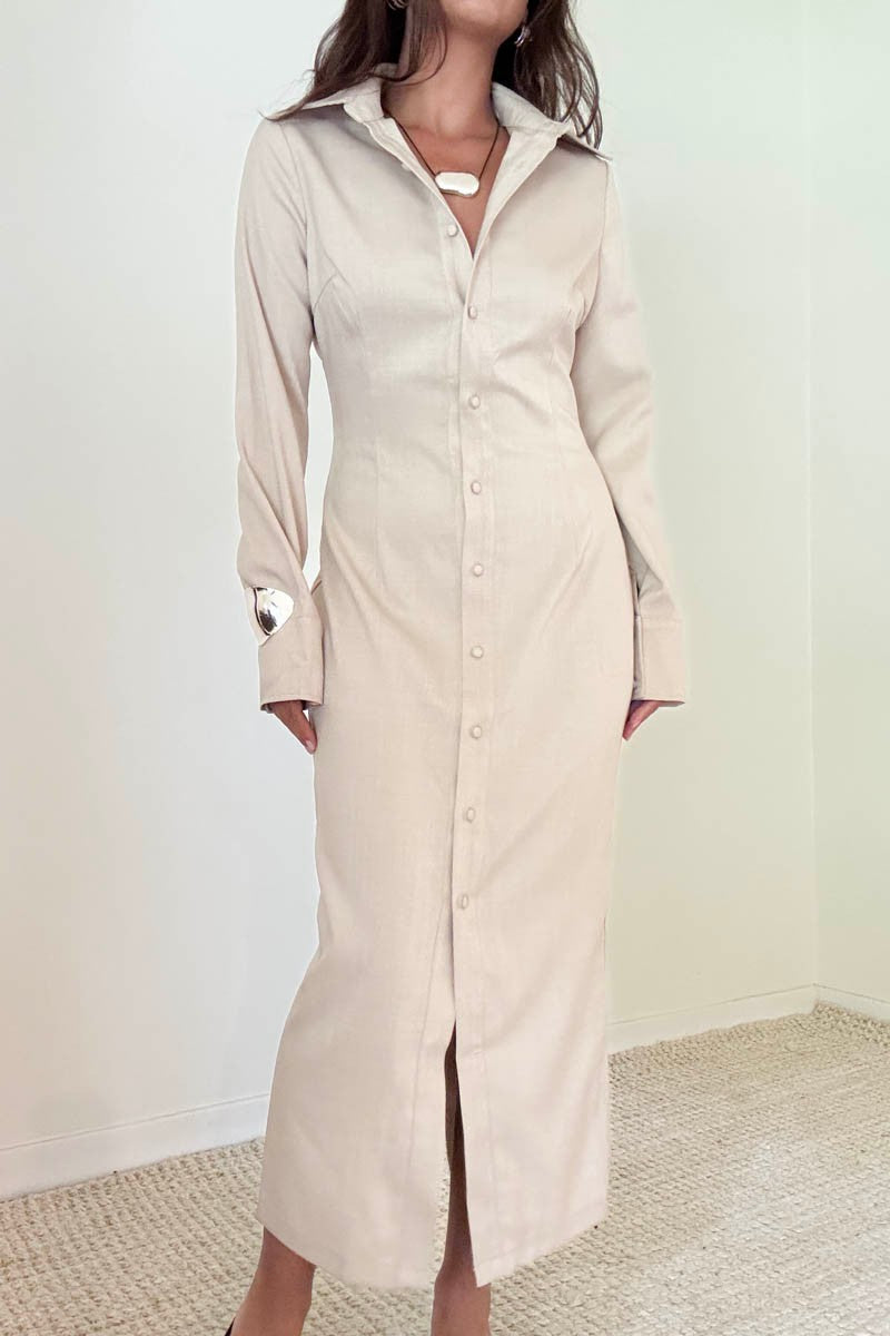 Button Down Body con Midi Dress LARGE / Oatmeal Button Down Body con Midi Dress LARGE / Oatmeal