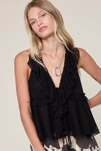 Mesh Solid Color Double Ties Ruffle Top in Black