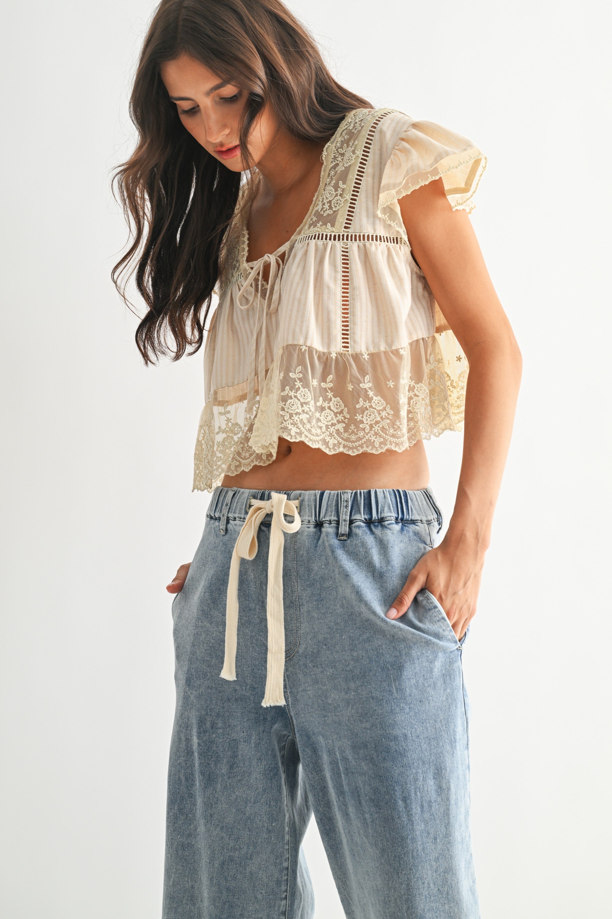 Lucia Lace Trim Tie Front Blouse