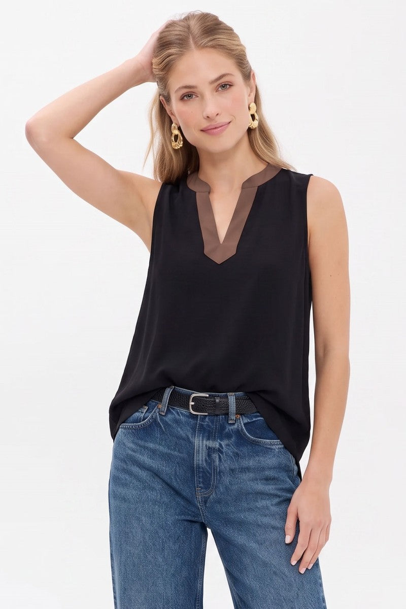 Reese Contrast Trim Split Neck Sleeveless Top in Black