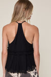Mesh Solid Color Double Ties Ruffle Top in Black