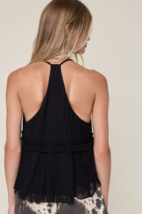 Mesh Solid Color Double Ties Ruffle Top in Black
