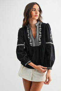 Black Embroidered Split Neck Top