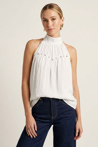 Solange High Neck Stud Detail Satin Top in Ivory