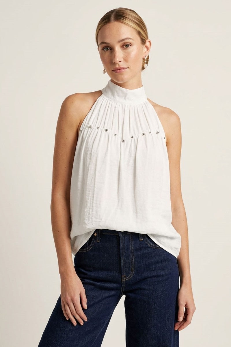 Solange High Neck Stud Detail Satin Top in Ivory
