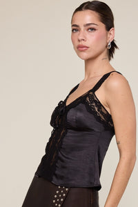 Satin Solid Color Wide Lace Strap Cami Top