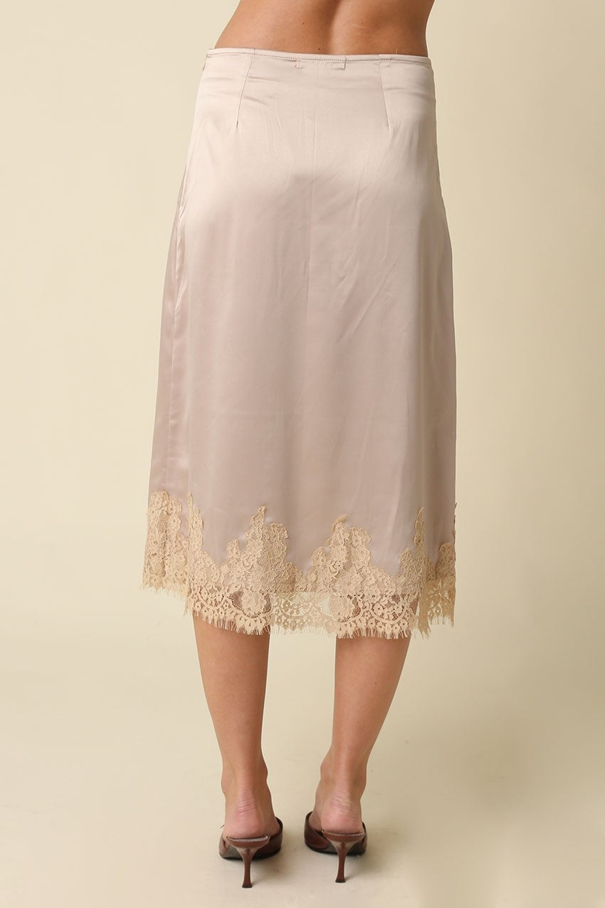 Simone Lace Trim Satin Midi Skirt in Champagne
