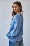 Washed Chunky Knit Lace Up Front Sweater in Blue
