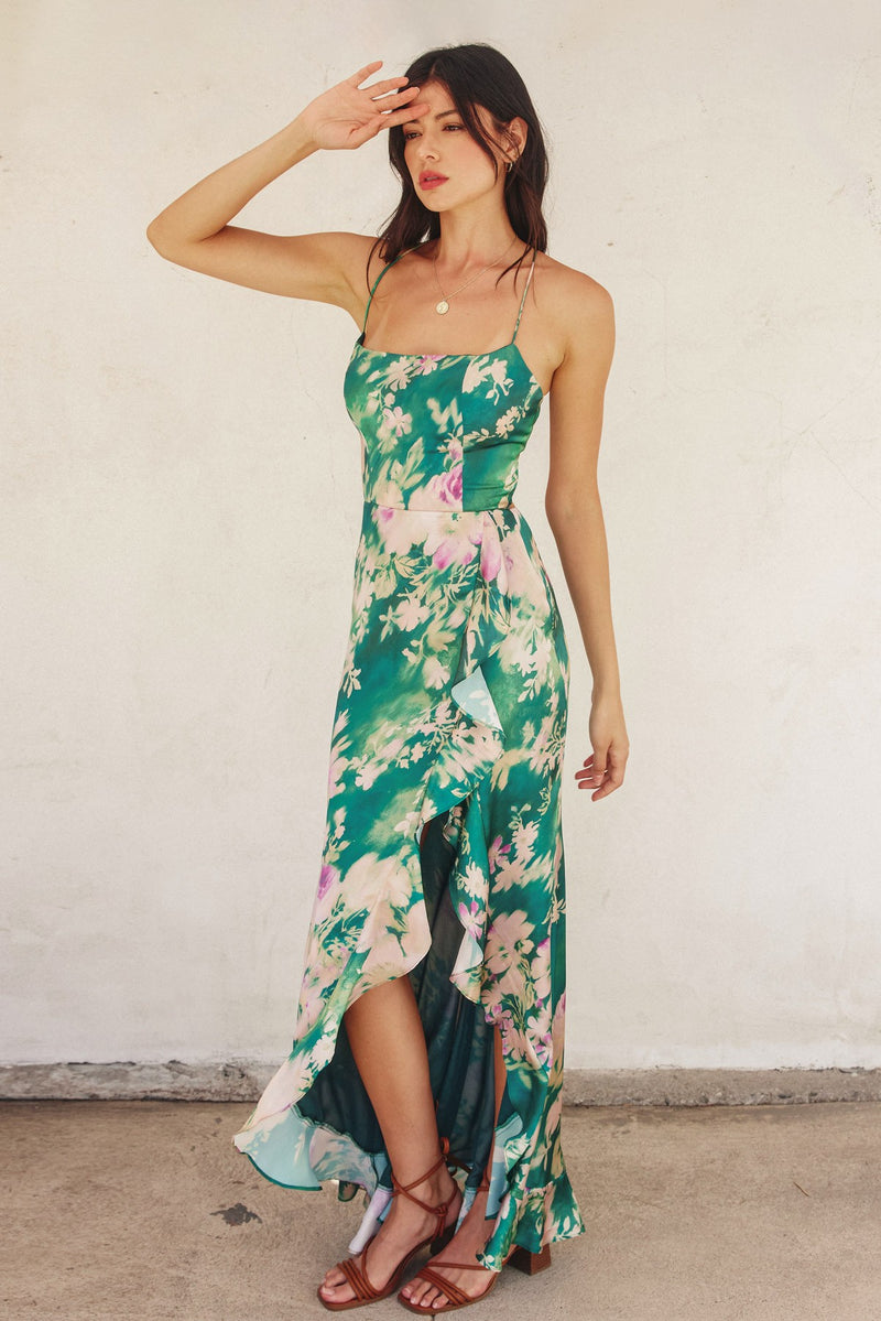 Evergreen Open back Ruffled Maxi Dress