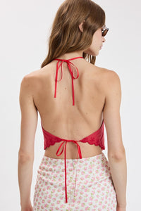 Flora Embroidered Halter Scallop Crop Top in Red