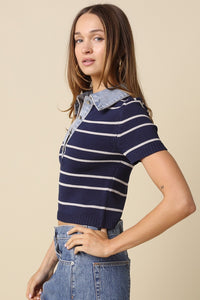 Aria Stripe Denim Collar Top in Navy