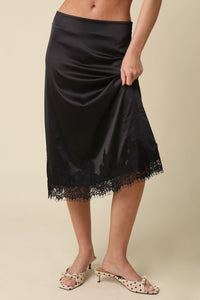 Simone Lace Trim Satin Midi Skirt in Black