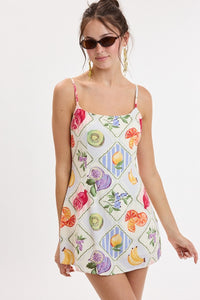 Citrus Pop Fruit Tile Round Neck Mini Dress