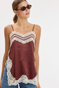 Pearl Textured Satin Lace Detail Top in Chocolate — front view on model