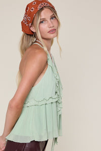 Mesh Solid Color Double Ties Ruffle Top in Sage