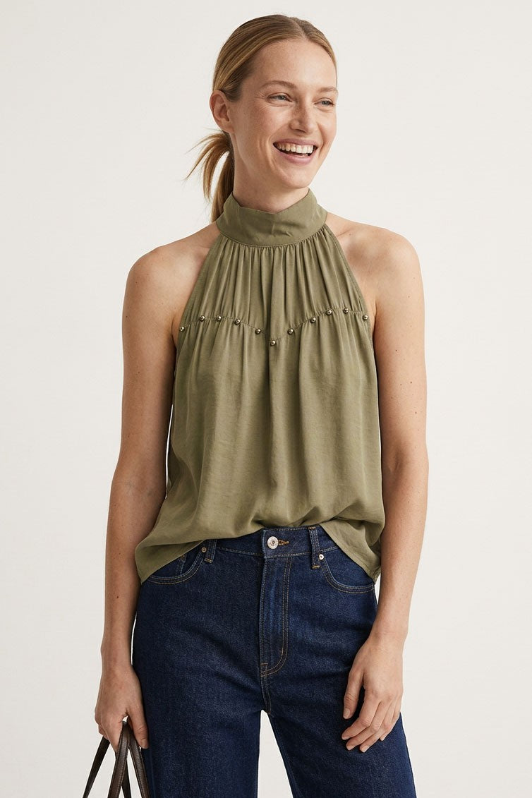 Solange High Neck Stud Detail Satin Top in Olive