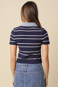 Aria Stripe Denim Collar Top in Navy