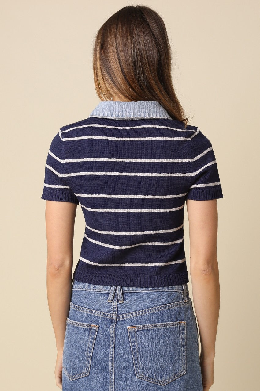 Aria Stripe Denim Collar Top in Navy