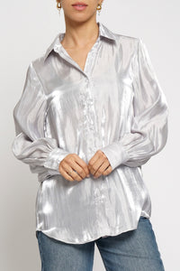 Shimmer Tonight Iridescent Button Down In Silver