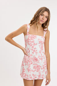 Poppy Floral Square Neck Smocked Mini Dress in Red