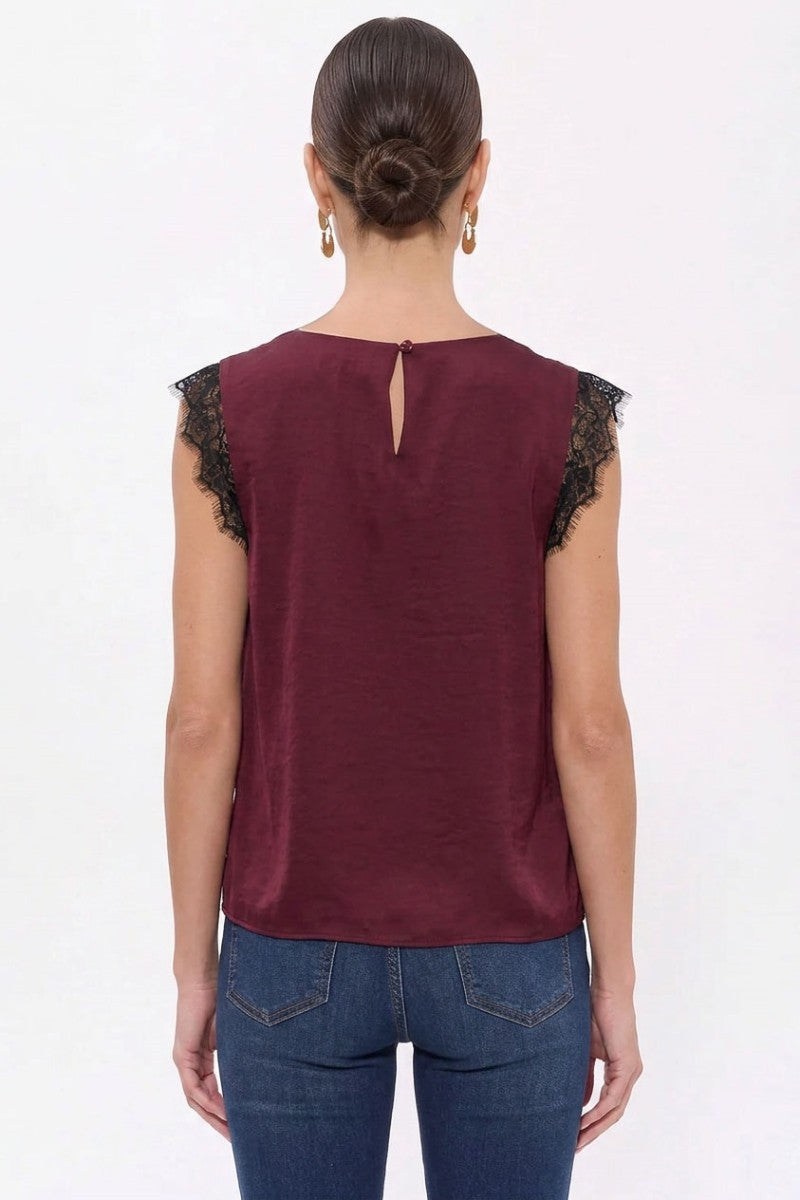 Vivienne Lace Trim Sleeveless Blouse in Wine — back view