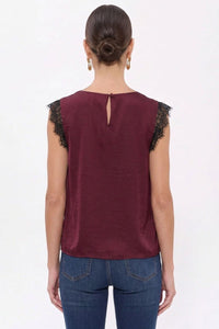 Vivienne Lace Trim Sleeveless Blouse in Wine — back view