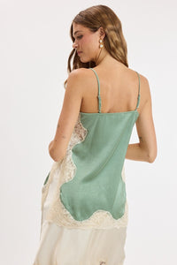 Pearl Textured Satin Lace Detail Top in Sage — side view showing lace detail and satin finish