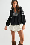 Black Embroidered Split Neck Top