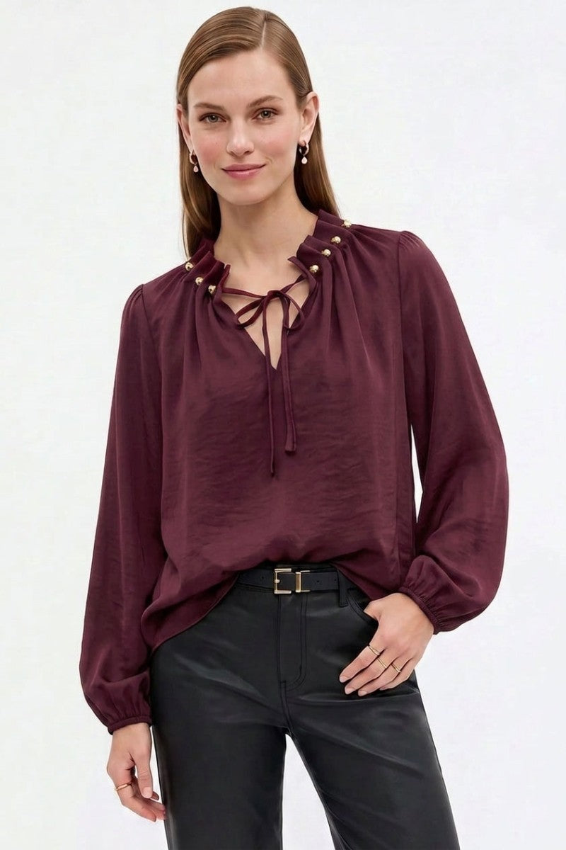 Celeste Beaded Tie Neck Blouse in Wine — front view