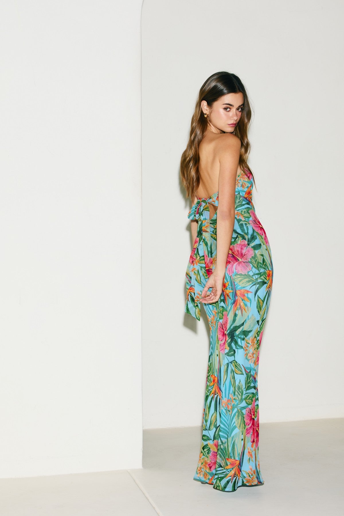 Seychelles Tropical Chiffon Strapless Maxi Dress