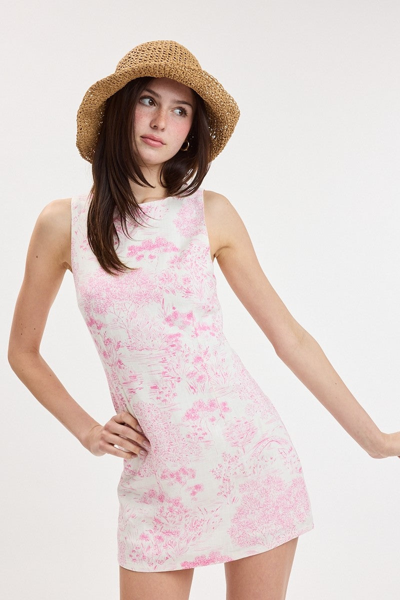 Pastel Print Boat Neck Micro Mini in Pink