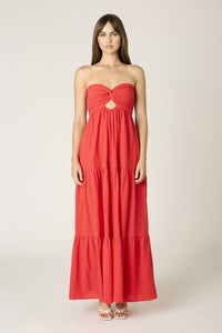 Twist Front Strapless Maxi Dress In Red