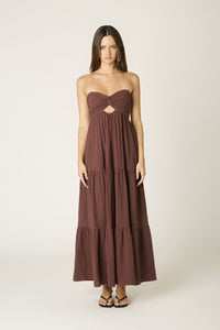 Twist Front Strapless Maxi Dress In Chocolate