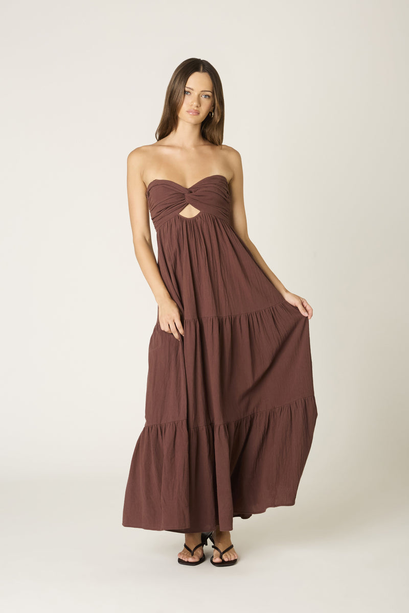 Twist Front Strapless Maxi Dress In Chocolate