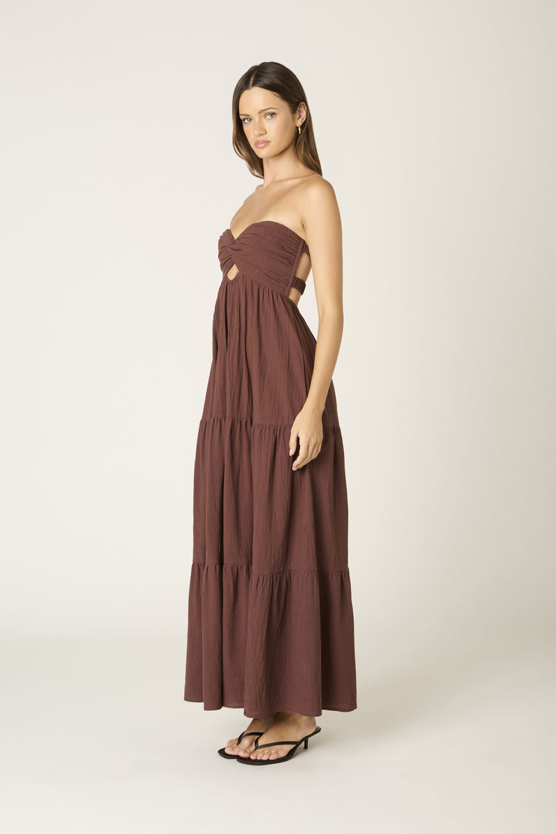 Twist Front Strapless Maxi Dress In Chocolate